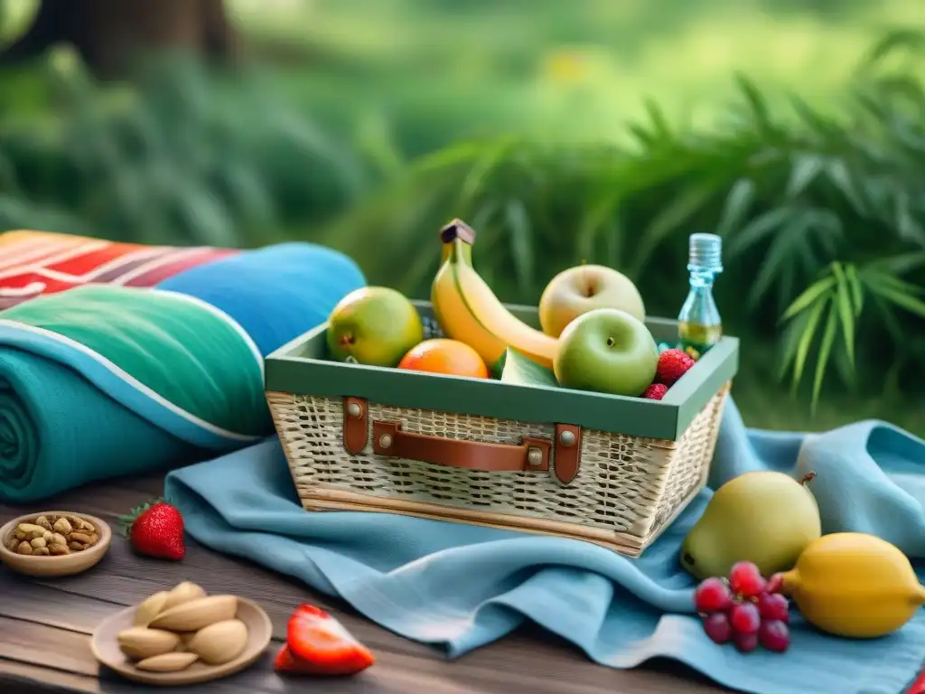 Picnic sostenible: cesta de bambú con frutas frescas y snacks eco Un picnic sostenible con snacks saludables bajo un árbol frondoso
