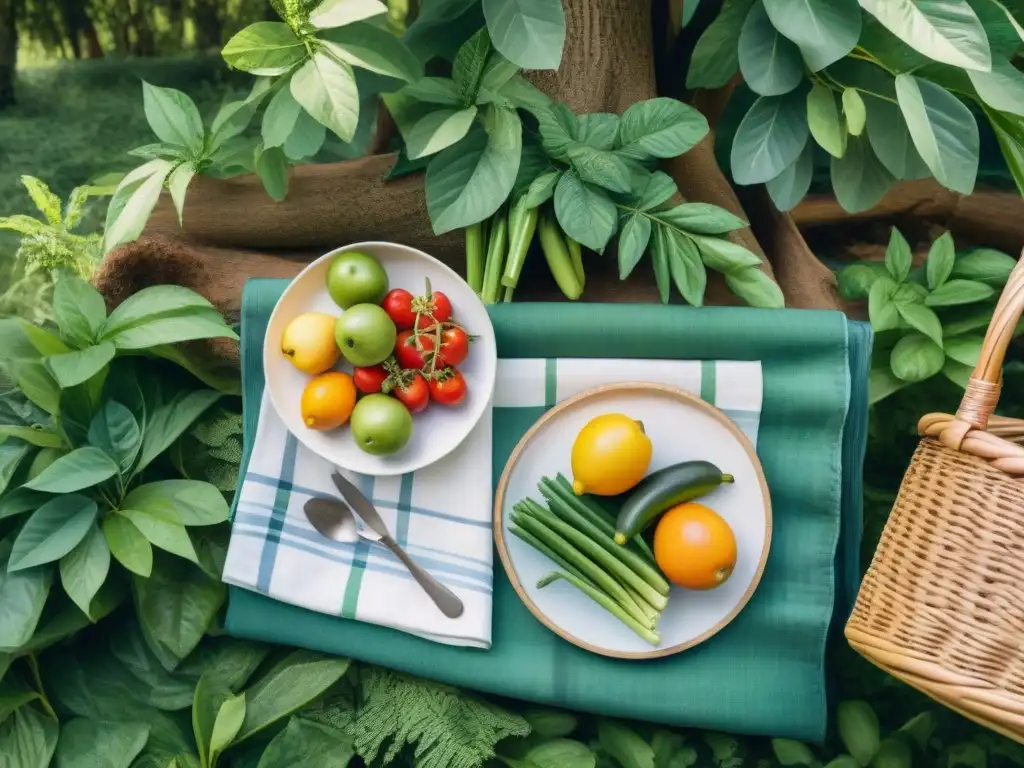 Picnic ecológico bajo un roble: naturaleza y alimentos frescos Un picnic sostenible con snacks saludables bajo un roble, rodeado de naturaleza y mariposas