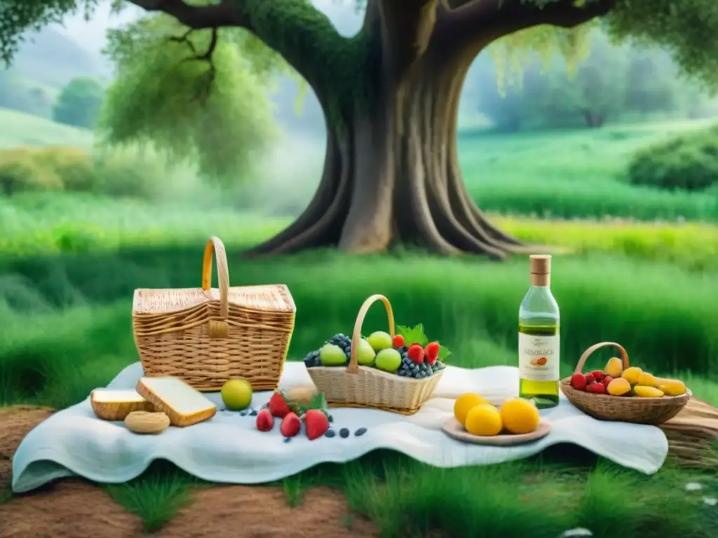Picnic eco-sostenible bajo el roble: ilustración en acuarela Un picnic sostenible con snacks saludables bajo un roble, arroyo y mariposas