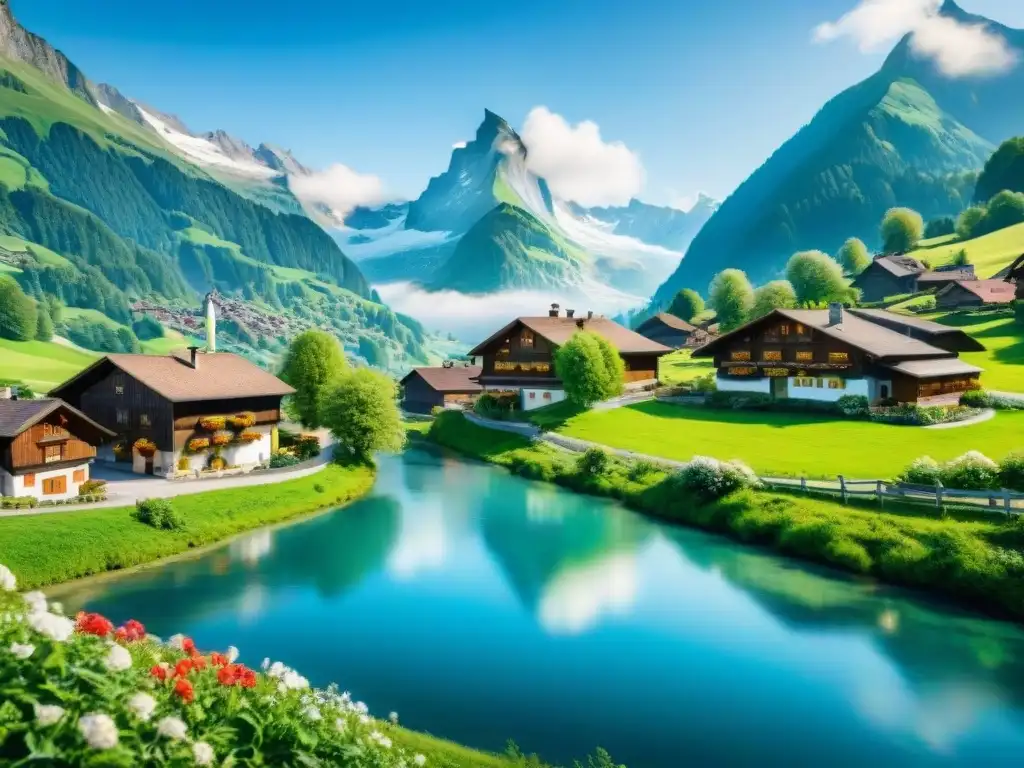 Encantador pueblo suizo: acuarela alpina Pintoresco pueblo suizo en los Alpes con chalets, río cristalino y prados verdes