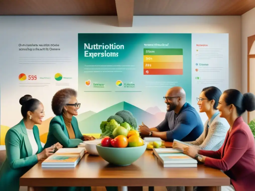 Expertos en nutrición: diversidad y colaboración en un vibrante debate Una pintura acuarela detalla expertos en nutrición con diversidad, discutiendo en una escena acogedora, rodeados de gráficos coloridos