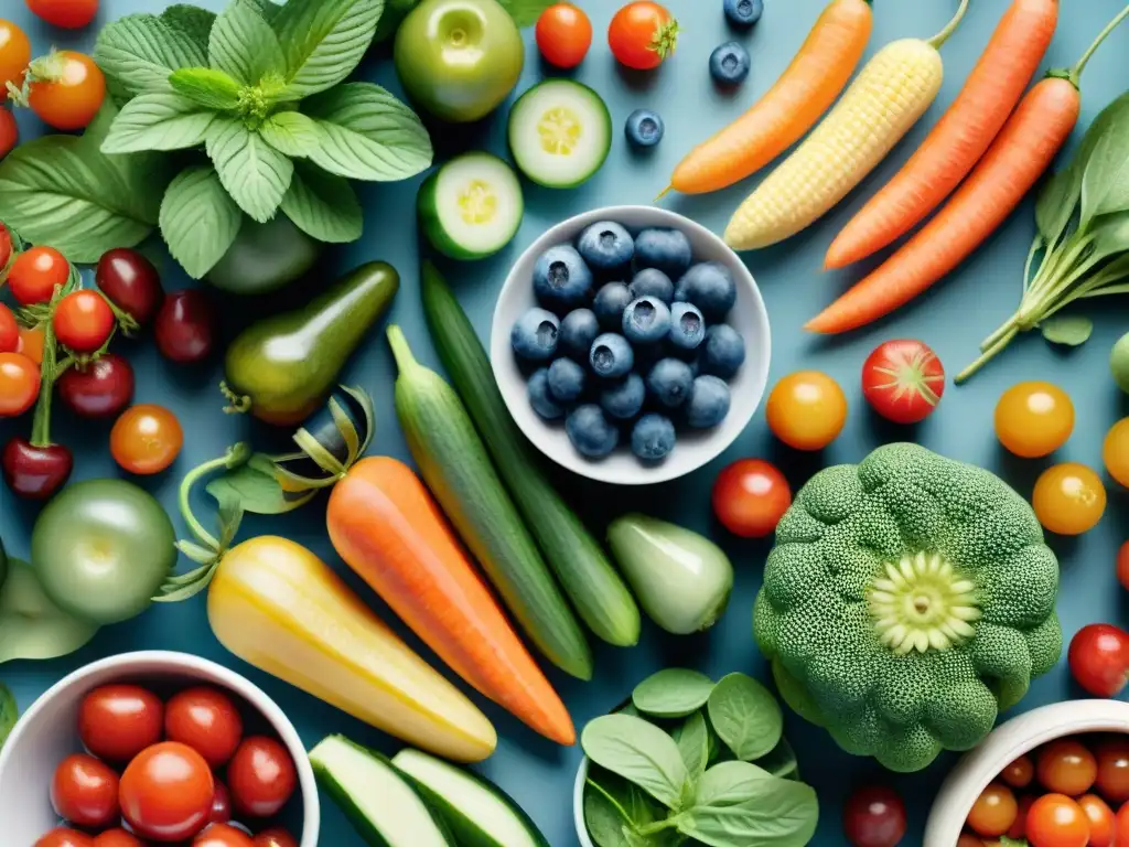 Deliciosos y saludables: Frutas y verduras en acuarela Una pintura acuarela serena de frutas y verduras frescas, coloridas, que evoca salud y bienestar