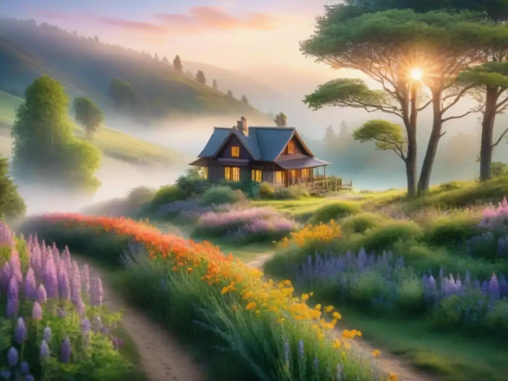 Pintura detallada en acuarela de un amanecer sereno sobre un paisaje verde y flores silvestres