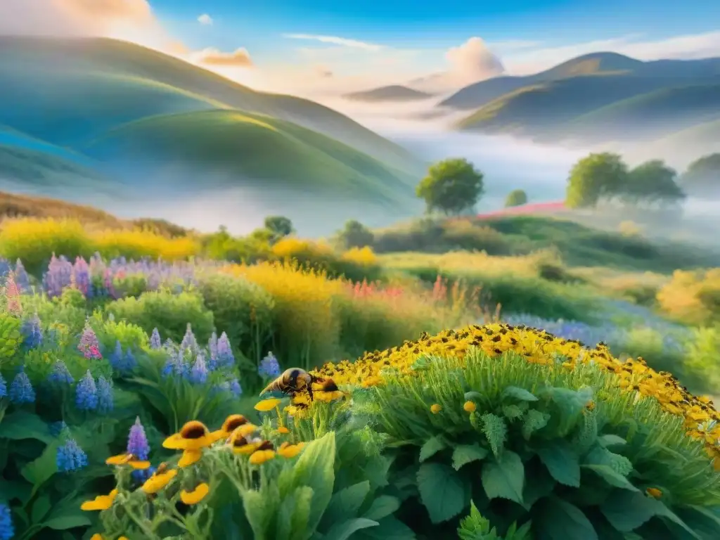 Pintura acuarela detallada: prado verde, abejas y envoltorios de cera Pintura detallada en acuarela de un prado verde con flores silvestres, abejas y envolturas de cera de abejas sostenible
