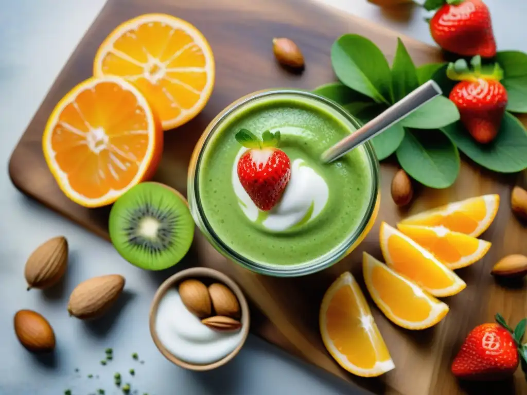 Bodegón saludable: Frutas, frutos secos y yogurt Una pintura detallada en acuarela de una vibrante variedad de snacks saludables dispuestos en una tabla de cortar de madera
