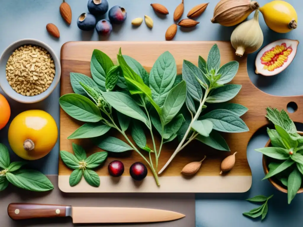 Arte botánico: adaptógenos y superalimentos en acuarela Una pintura detallada de adaptógenos en snacks saludables: hierbas coloridas y frutas vibrantes en tabla de madera en cocina difuminada