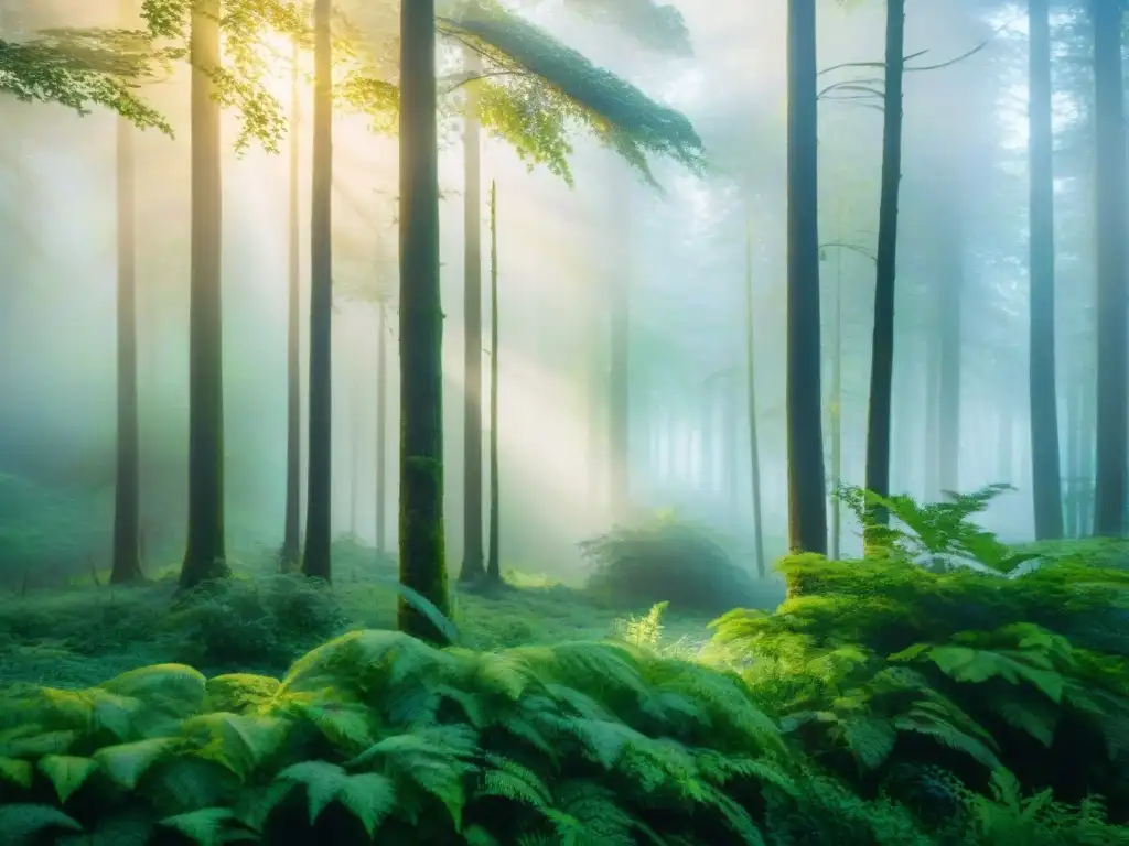 Pintura detallada de un amanecer sereno en un frondoso bosque, con la luz dorada filtrándose entre los árboles
