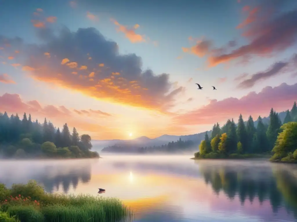 Pintura detallada de un amanecer sereno sobre un lago, con colores vibrantes reflejados en el agua