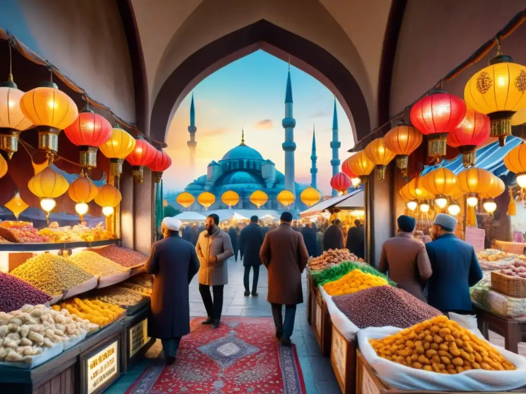 Bazar turco: un festín de colores y sabores saludables en Estambul Una pintura detallada de un bullicioso bazar turco con snacks saludables con sabores turcos, mostrando una atmósfera vibrante y cultural