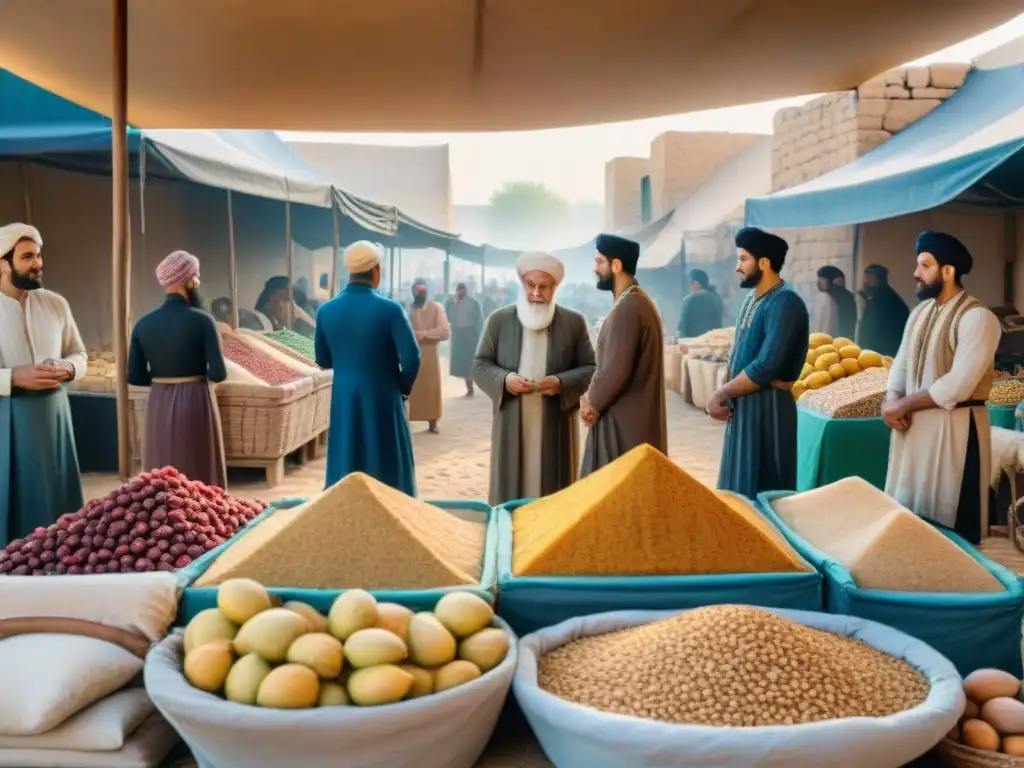 Mercado bullicioso en Mesopotamia: el origen de las barritas de proteínas Pintura detallada de un bullicioso mercado en la antigua Mesopotamia, recordando los orígenes de las barras proteicas