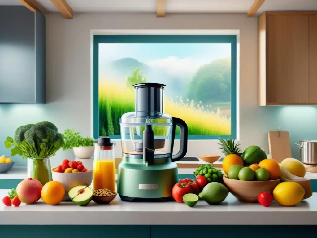 Deliciosa fusión: cocina vibrante con batidora DIY en acción Pintura detallada de una cocina moderna con ingredientes frescos y coloridos, mostrando un procesador de alimentos DIY en acción