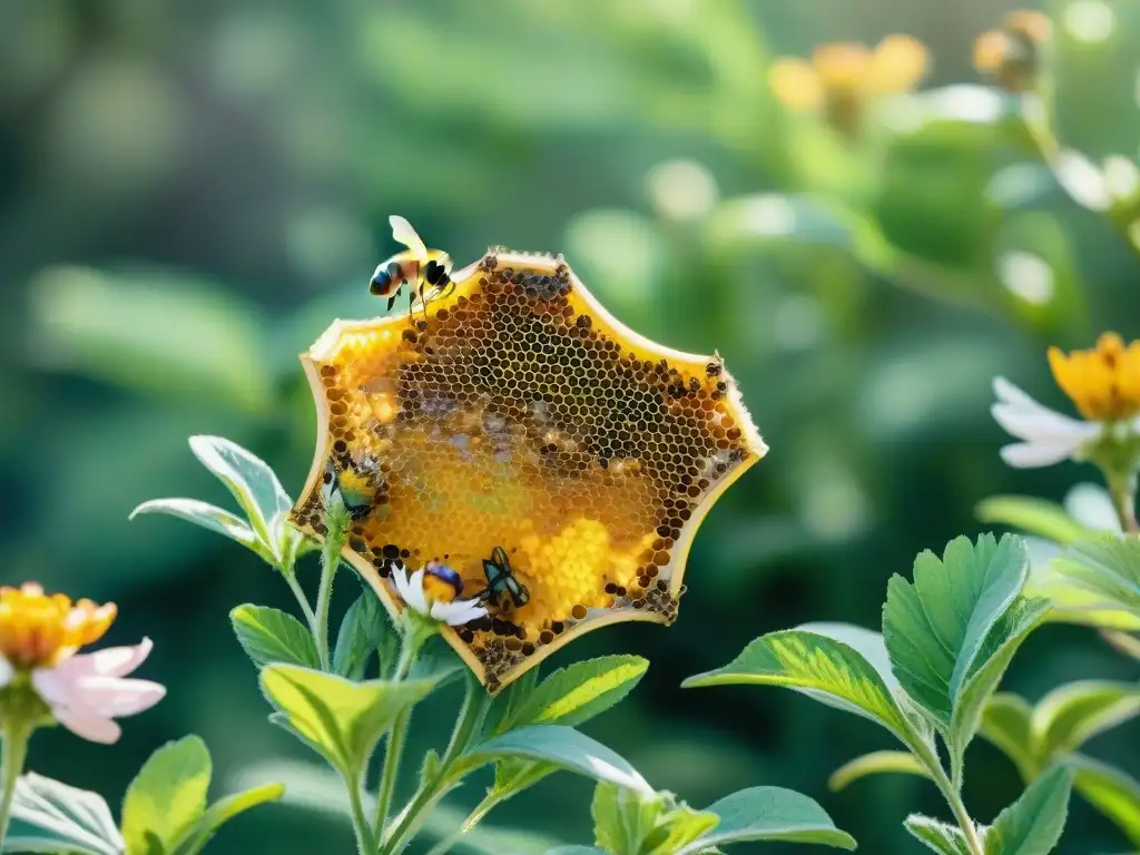 Ilustración acuarela: Serenidad en apiario con abejas laboriosas Pintura acuarela detallada de una escena apacible en una colmena con abejas y naturaleza exuberante