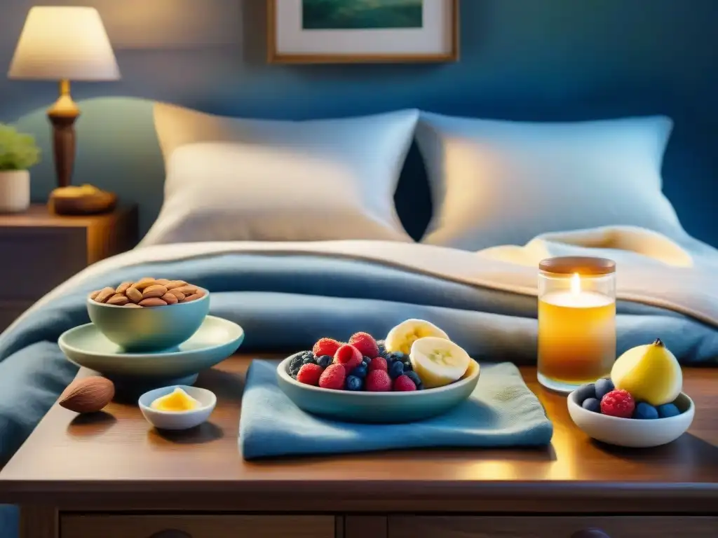 Escena nocturna relajante con meriendas saludables Pintura detallada de una escena nocturna serena en un dormitorio acogedor con snacks saludables, perfecta para noches de insomnio