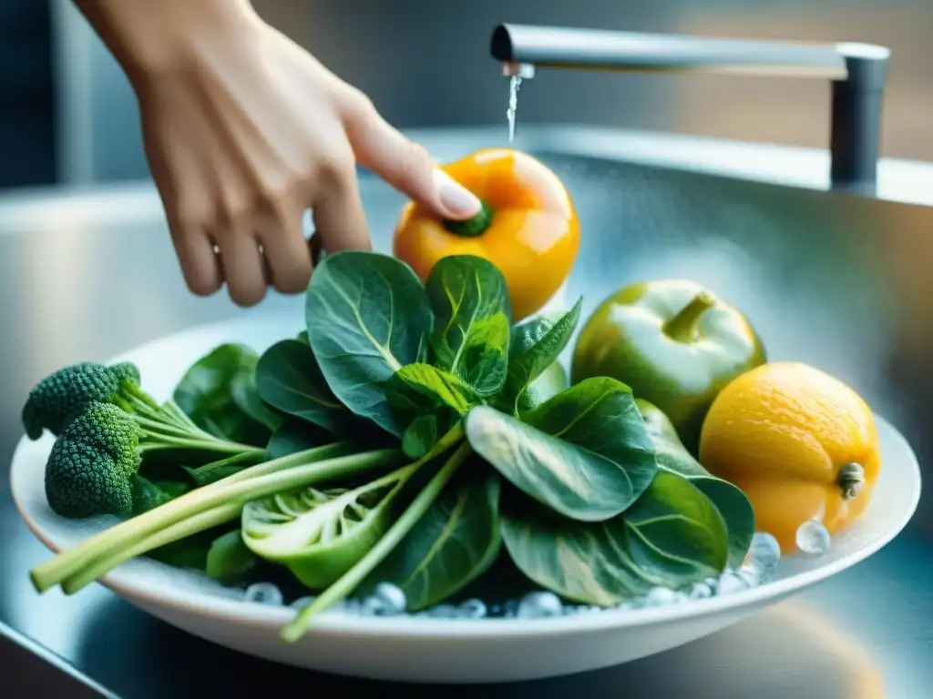 Deliciosas frutas y verduras en acuarela: pureza y vitalidad Una pintura acuarela detallada de frutas y verduras vibrantes en agua pura