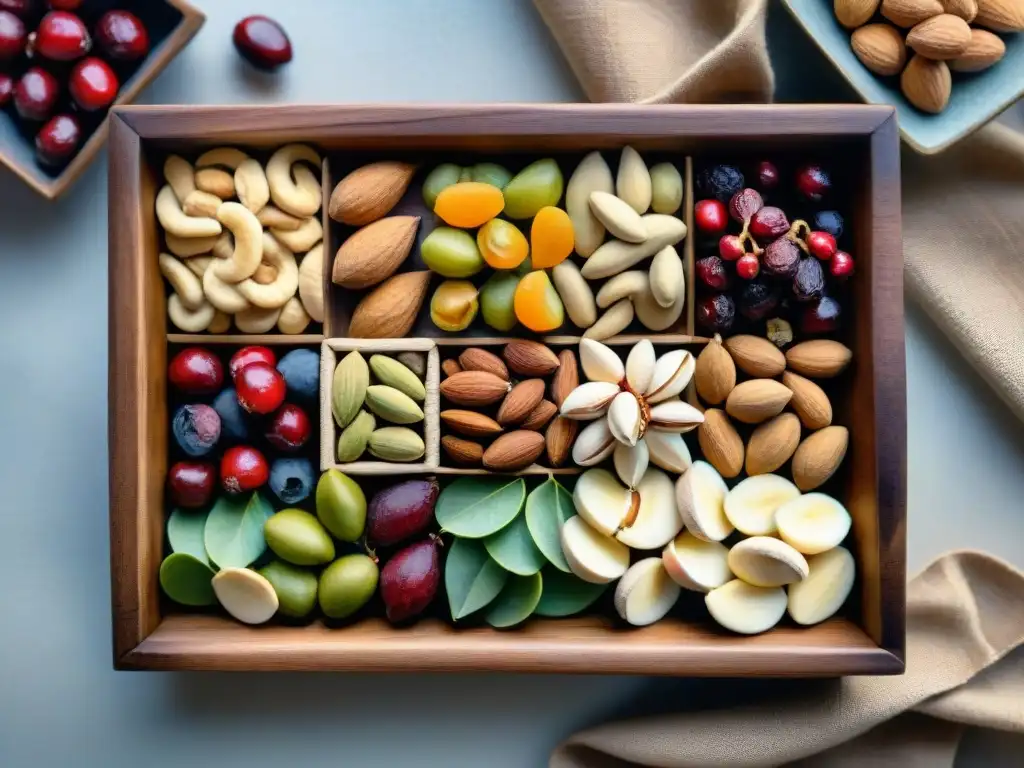 Delicioso bodegón de frutos secos y frutas deshidratadas en acuarela Una pintura detallada de frutos secos y frutas secas orgánicas en una bandeja de madera rústica