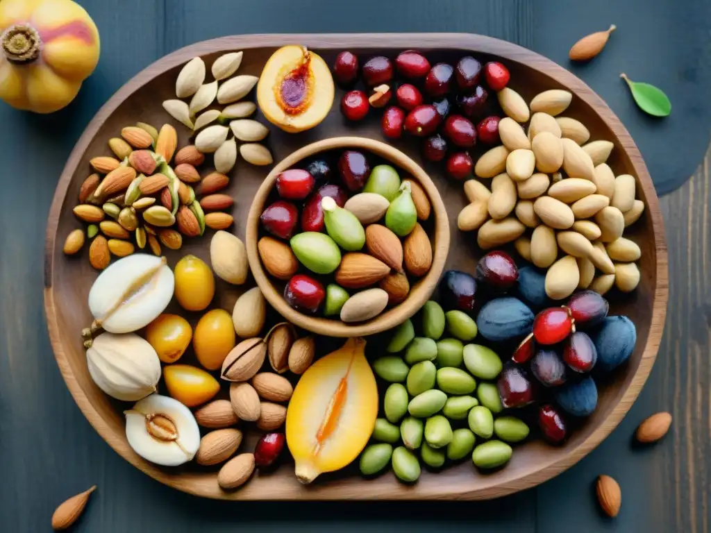 Exquisita pintura acuarela de frutos secos y frutas deshidratadas en bandeja de madera Una pintura detallada de frutos secos y frutas secas en plato de madera rústico, evocando frescura y abundancia