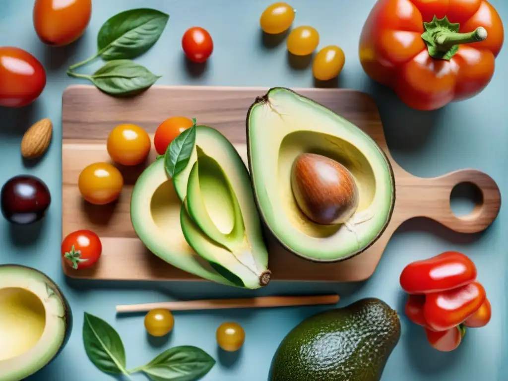 Bodegón saludable: ingredientes lowcarb en acuarela Una pintura detallada de ingredientes snacks bajos carbohidratos: aguacates, pimientos, tomates, nueces, sobre tabla rústica