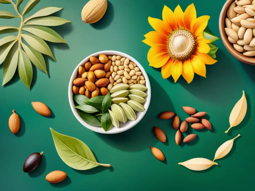 Delicias exóticas: Nueces y semillas del sudeste asiático Una pintura acuarela detallada de nueces y semillas del Sudeste Asiático rodeadas de exuberante vegetación y flores
