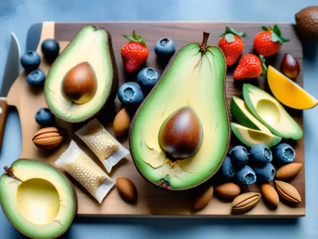 Pintura acuarela detallada de superalimentos frescos en tabla de madera Pintura acuarela detallada de snacks saludables en tabla de madera: aguacate, frutos rojos, nueces y semillas