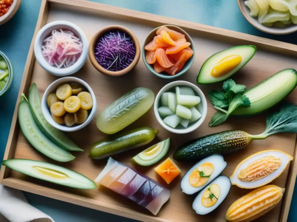 Deliciosos snacks fermentados en acuarela Una pintura detallada de snacks saludables fermentados, destacando pickles, kimchi, sauerkraut y kombucha en una tabla de madera