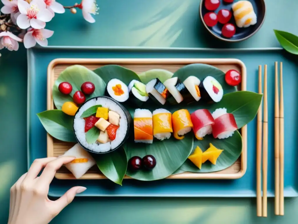 Una pintura acuarela detallada de snacks saludables sin azúcar de inspiración asiática