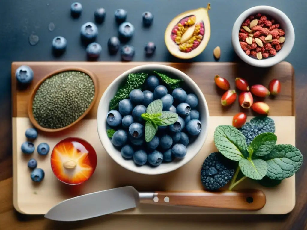 Superfoods vibrantes en acuarela detallada Pintura detallada de superalimentos vibrantes en tabla de cortar, con gotas de agua brillantes