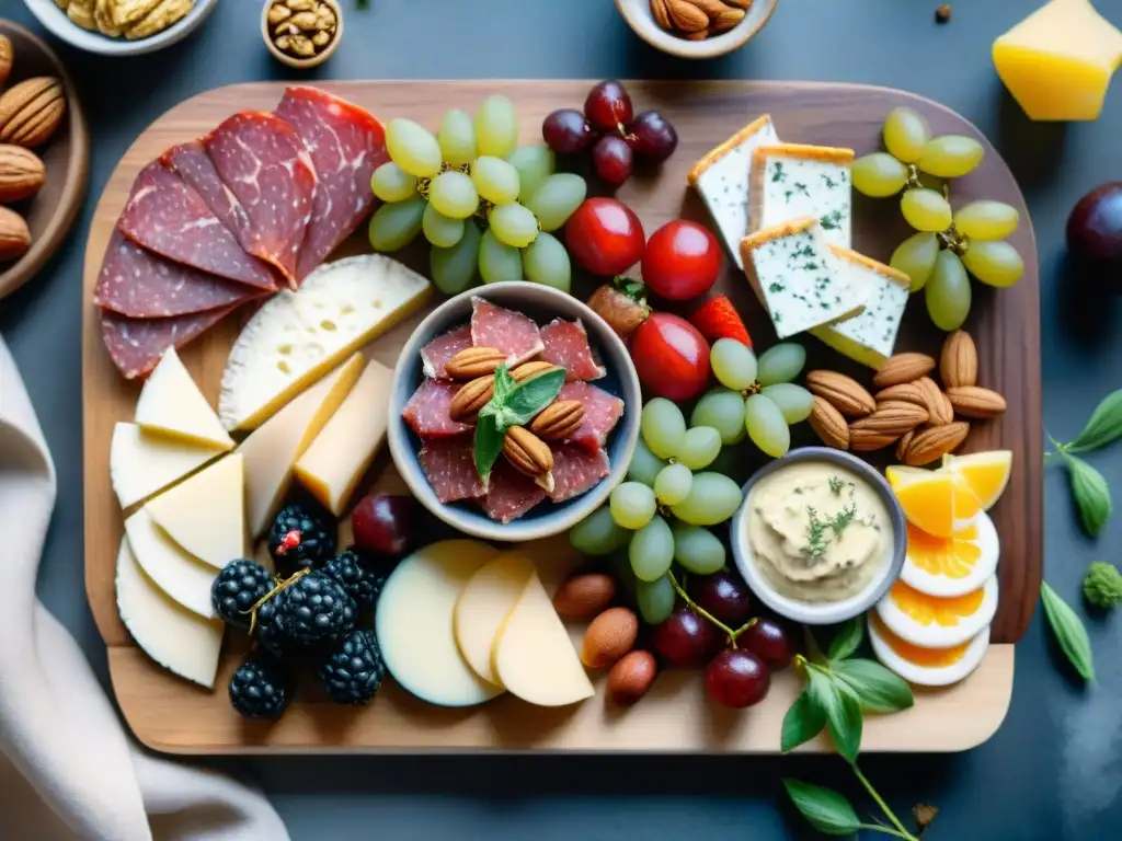 Exquisita tabla de charcutería gourmet en acuarela detallada Pintura detallada de tabla de embutidos gourmet, frutas y quesos, con pinceladas acuarela que resaltan texturas y colores