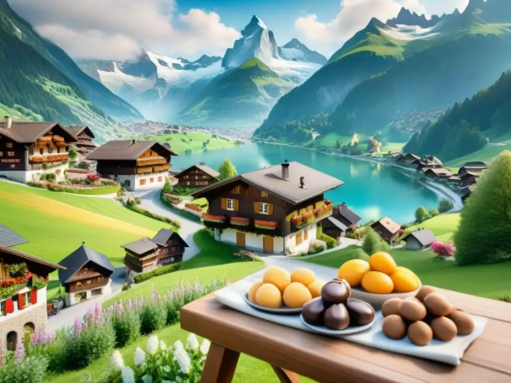 Vista alpina suiza: pintura acuarela ultra detallada Pintura detallada de un tranquilo pueblo alpino suizo con chalets, río cristalino, locales en atuendo tradicional y mesa de snacks saludables y chocolate suizo de calidad