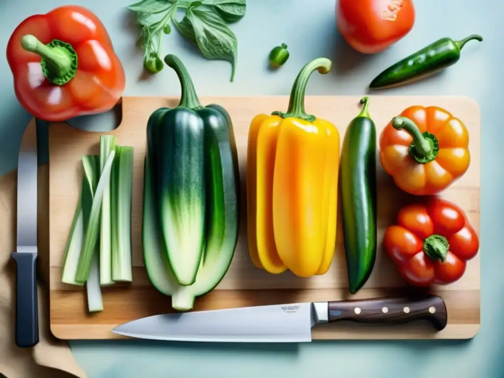 Pintura acuarela de verduras frescas y cuchillos de cocina Pintura detallada de vegetales frescos en tabla de cortar con cuchillos de cocina