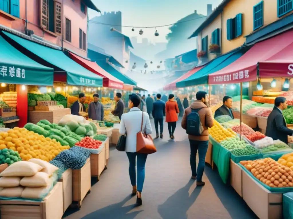 Mercado sostenible y tecnología blockchain: un festín saludable y colorido Pintura acuarela de un mercado vibrante con puestos de snacks saludables, vendedores y tecnología Blockchain