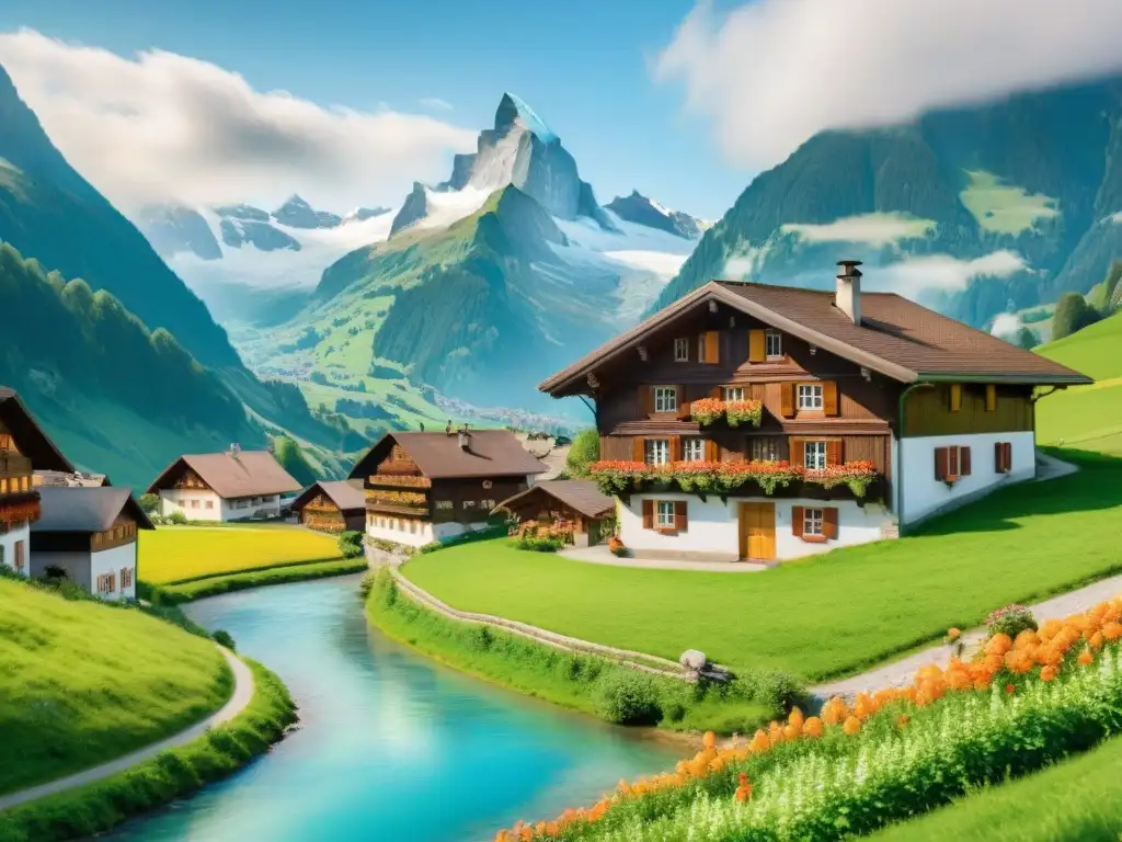 Pintura acuarela: Encanto suizo con chocolatería y montañas nevadas Pintura acuarela serena de un pintoresco pueblo suizo en los Alpes con chalets, montañas nevadas y una chocolatería