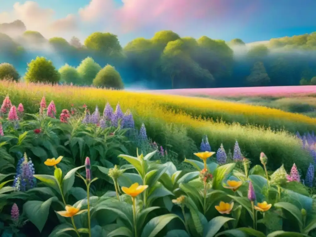 Prado verde con flores silvestres vibrantes y un bosque sereno al fondo, evocando tranquilidad y belleza natural