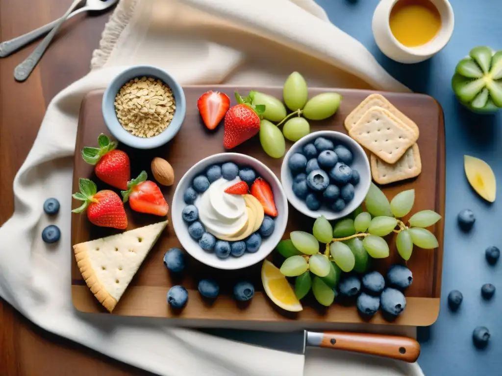 Deliciosa variedad de snacks saludables en tabla de madera Preparación de snacks saludables experto: variedad de frutas, frutos secos, crackers integrales y dips en tabla de madera con luz suave