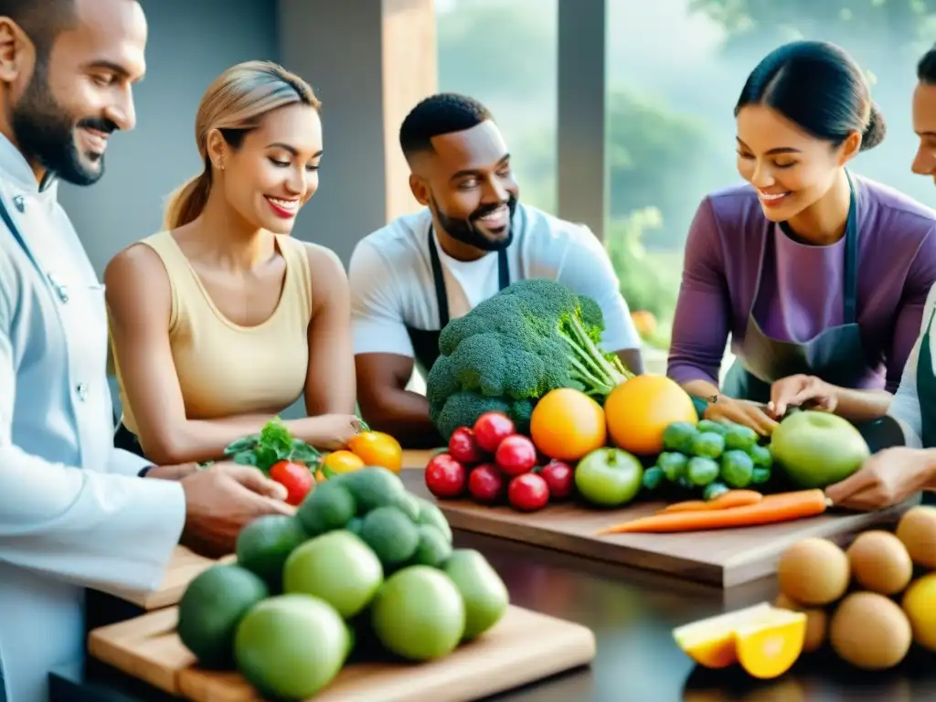 Profesionales de la nutrición colaborando en equipo Diversos profesionales de la nutrición certificados colaboran en una mesa con frutas y verduras