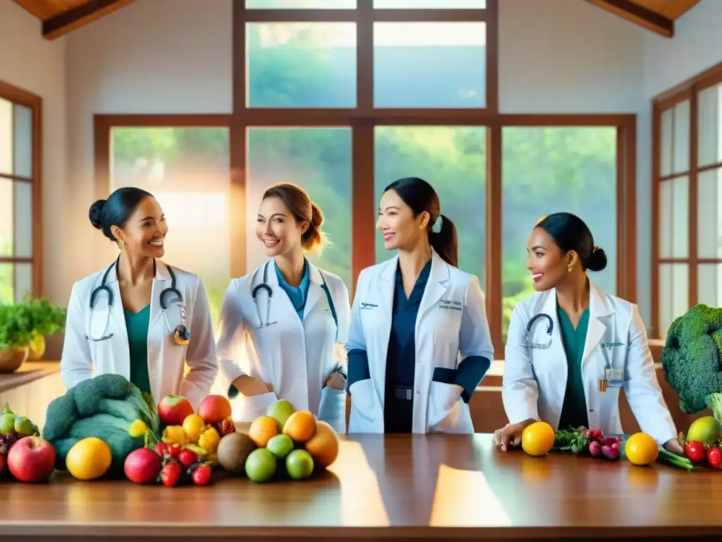 Profesionales de la salud en colaboración: ilustración detallada en acuarela Profesionales de la salud expertos en nutrición debatiendo en una escena vibrante y colaborativa
