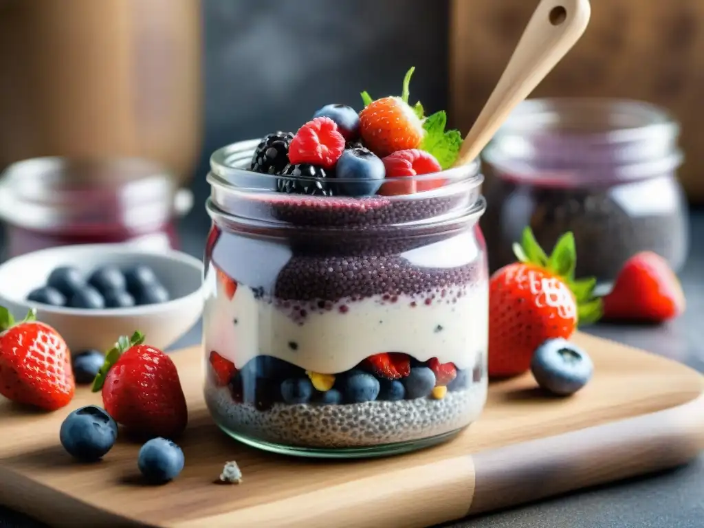 Deliciosa ilustración de pudín de chía con bayas vibrantes en frasco Pudin de chía receta saludable: Detalle acuarela de tarro con pudin y bayas frescas, evocando frescura y indulgencia saludable