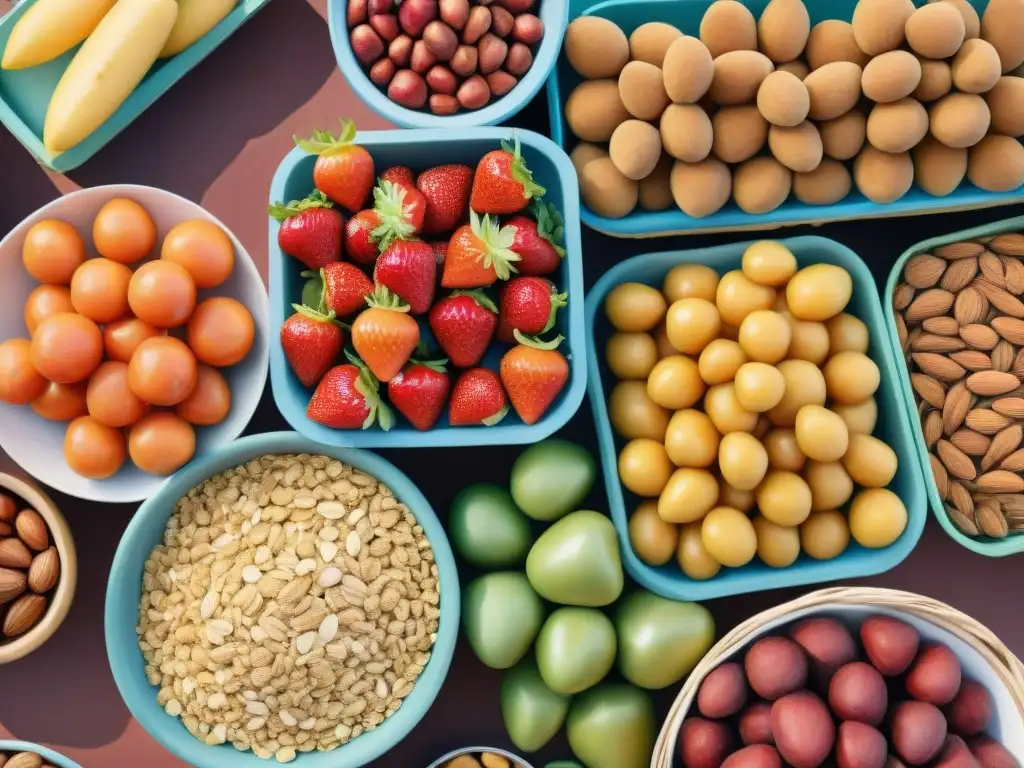 Mercado saludable: frutas, nueces y verduras frescas en acuarela detallada Un puesto de mercado rebosante de frutas, nueces y verduras coloridas, bañado por la luz cálida, destacando los snacks saludables beneficios bienestar