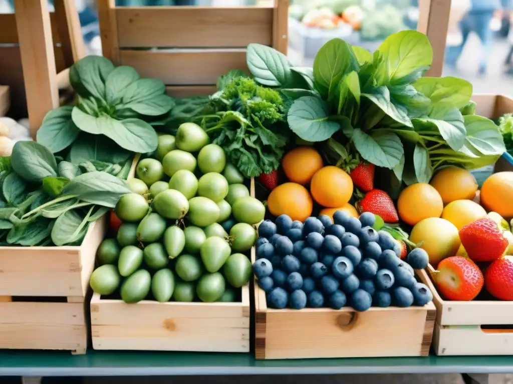 Puesto de mercado primaveral: frutas y verduras frescas Un puesto de mercado rebosante de frutas y verduras primaverales frescas y coloridas