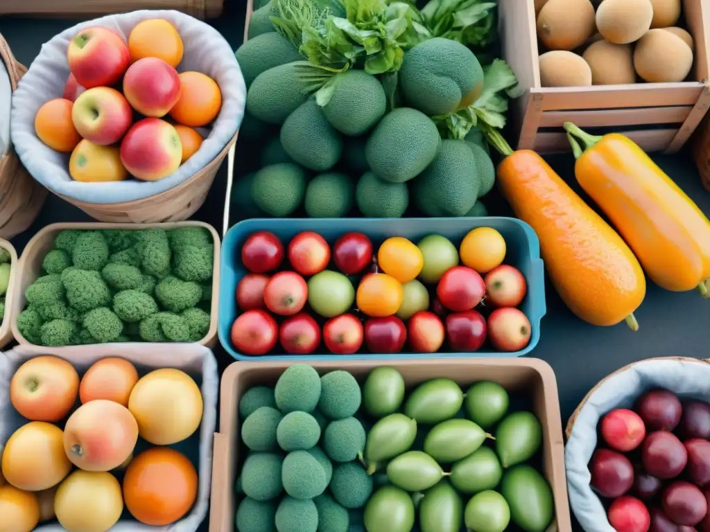 Puesto de mercado saludable: frutas y verduras frescas Un puesto de mercado rebosante de frutas y verduras frescas, colores vibrantes y opciones para snacks saludables beneficios bienestar