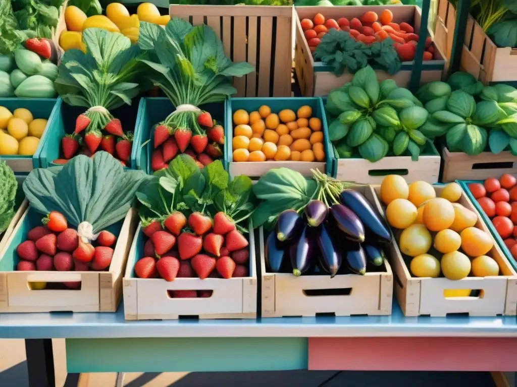 Puesto de mercado lleno de frutas y verduras frescas en acuarela detallada Un puesto de mercado rebosante de frutas y verduras de temporada