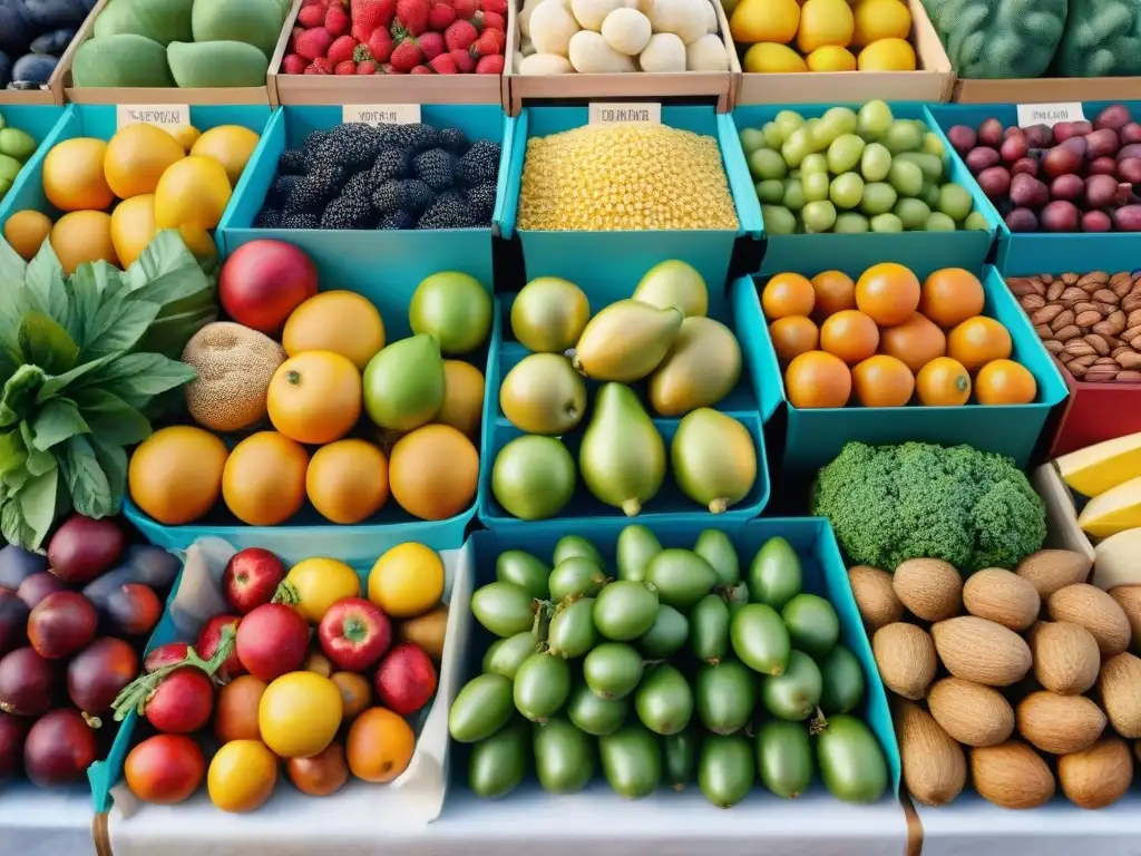 Mercado de frutas y verduras: explosión de colores y frescura Un puesto de mercado rebosante de frutas, nueces y verduras frescas