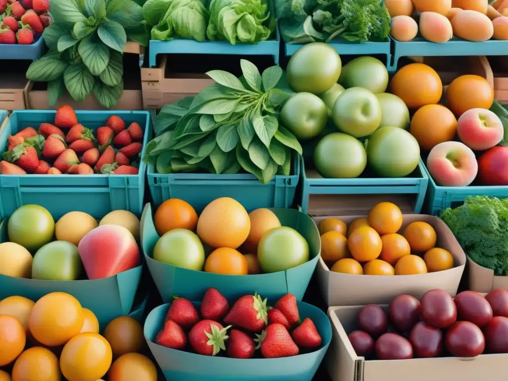 Mercado agrícola: explosión de color y frescura Un puesto de mercado rebosante de frutas y verduras frescas en acuarela