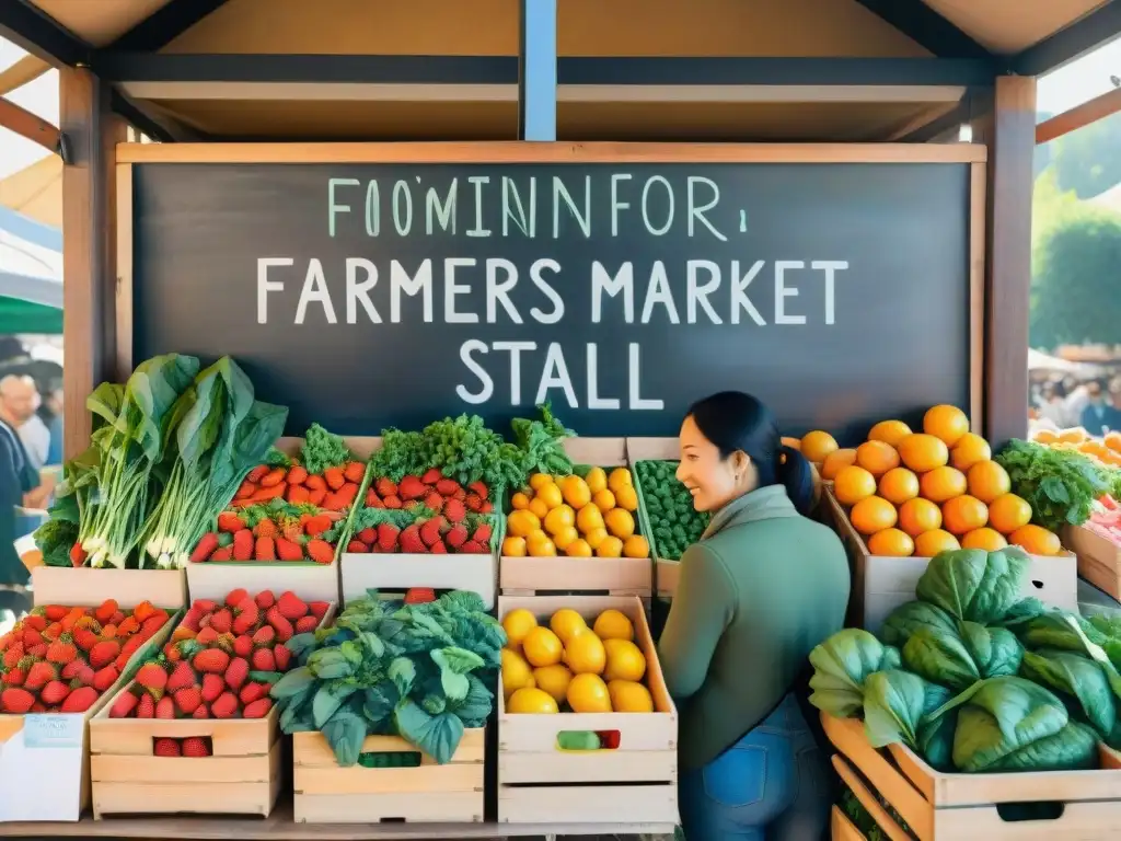 Mercado agrícola: ilustración acuarela de puesto vibrante Un puesto de mercado rebosante de frutas y verduras frescas, con una atmósfera cálida y acogedora