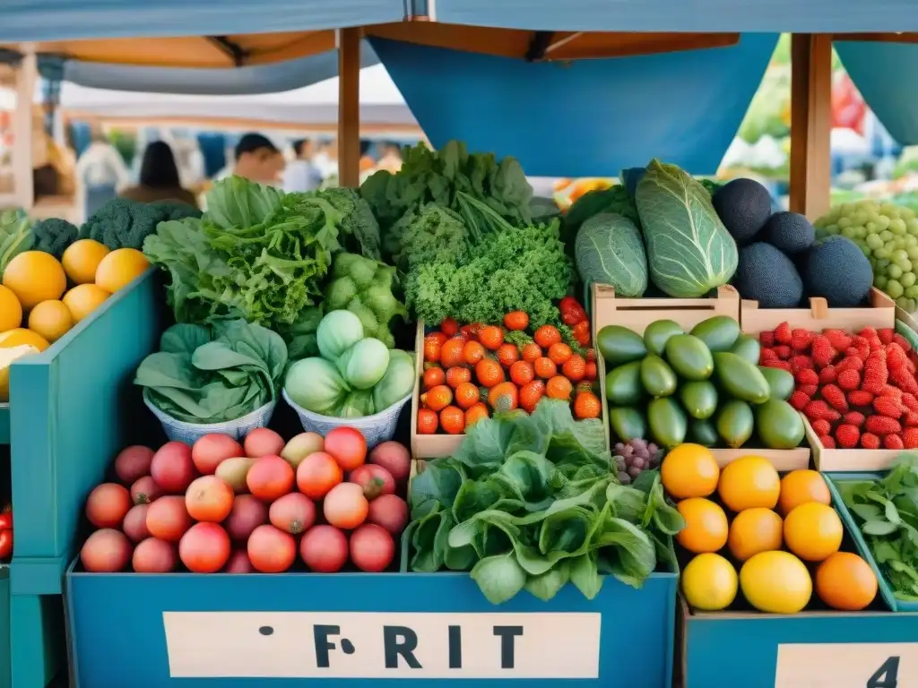 Puesto de mercado lleno de frutas y verduras frescas Un puesto de mercado rebosante de frutas y verduras frescas, bajo un cielo azul, ideal para snacks saludables opciones recomendadas