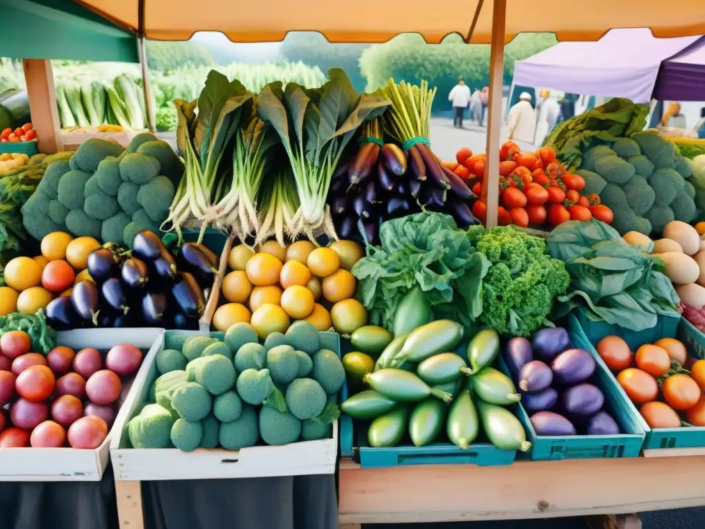Mercado de vegetales: una explosión de colores frescos en acuarela Un puesto de mercado rebosante de frutas y verduras frescas, detalladas en acuarela