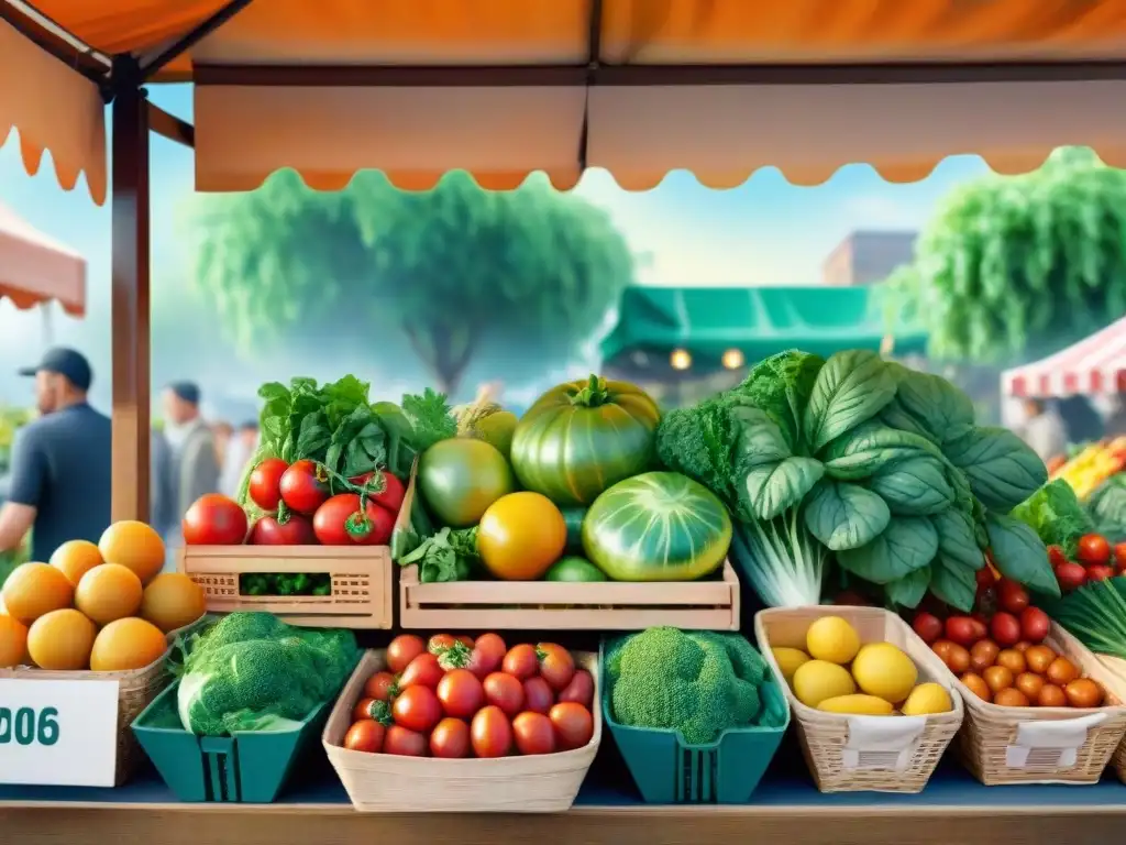 Puesto de mercado con frutas y verduras vibrantes Un puesto de mercado rebosante de frutas y verduras coloridas, con tomates maduros, vegetales frescos y hierbas aromáticas, iluminado por el sol