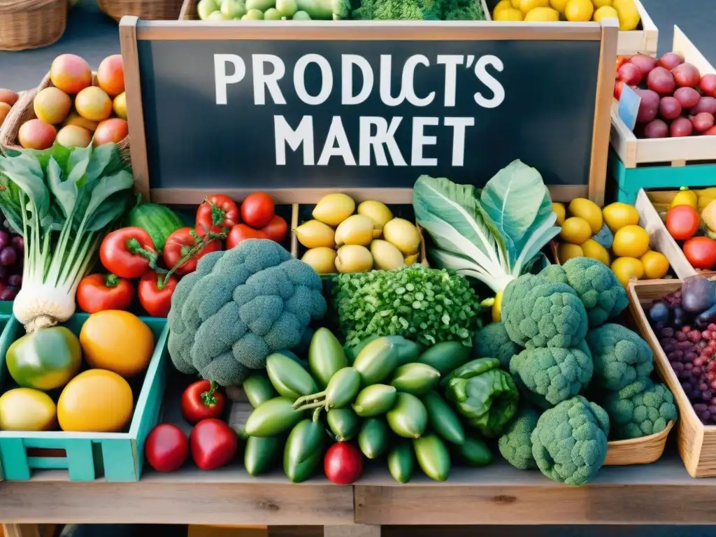 Mercado orgánico: abundancia de frutas y verduras frescas Un puesto de mercado rebosante de frutas y verduras frescas, con letrero 'Productos Orgánicos'