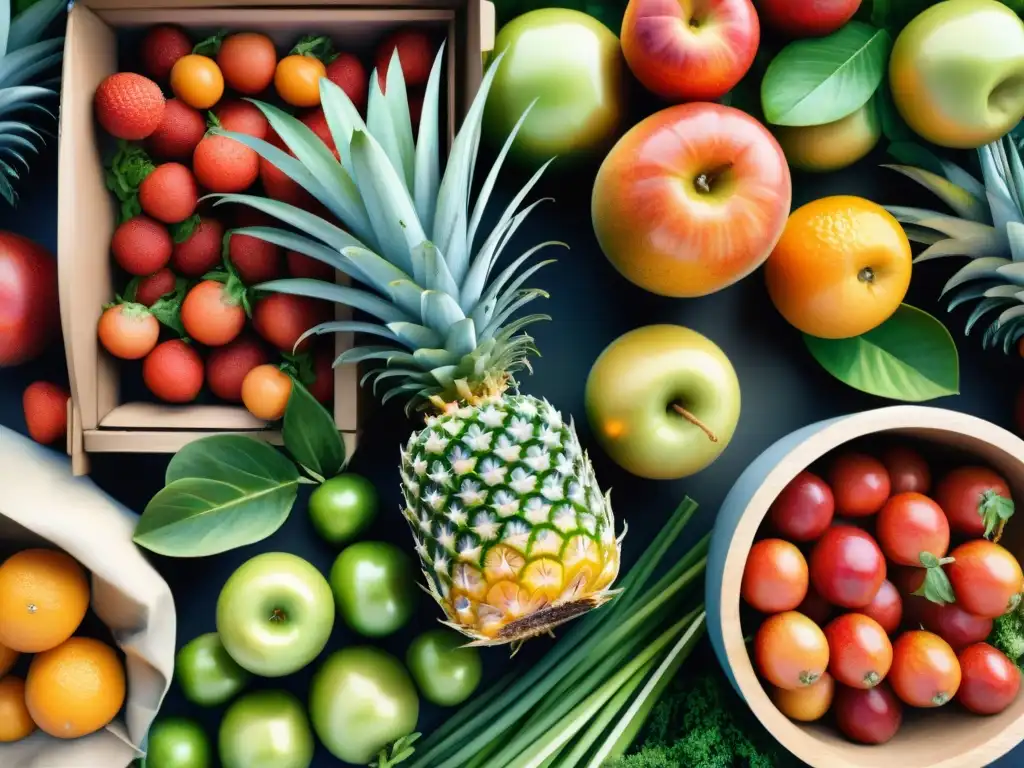 Colorida Feria de Frutas y Verduras: Detalles en Acuarela Un puesto de mercado rebosante de frutas y verduras frescas, evocando frescura y abundancia para controlar calorías