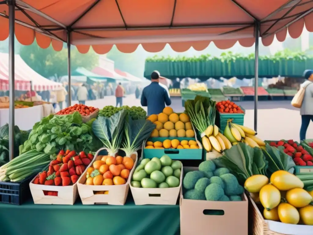 Puesto de mercado vibrante con frutas y verduras frescas Un puesto de mercado rebosante de frutas y verduras frescas y coloridas, bajo un toldo de rayas, iluminado por el sol
