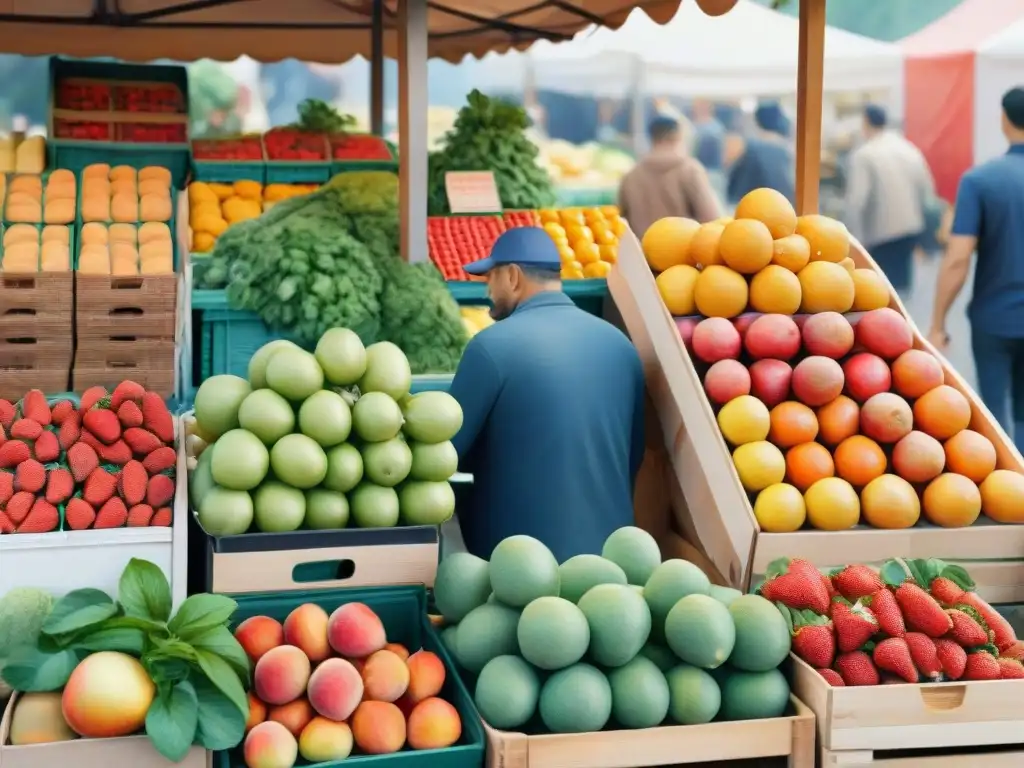 Mercado de alimentos frescos y coloridos: ilustración detallada en acuarela Un puesto de mercado rebosante de frutas y verduras frescas en una ilustración detallada en acuarela invita a elegir snacks saludables para nutrir